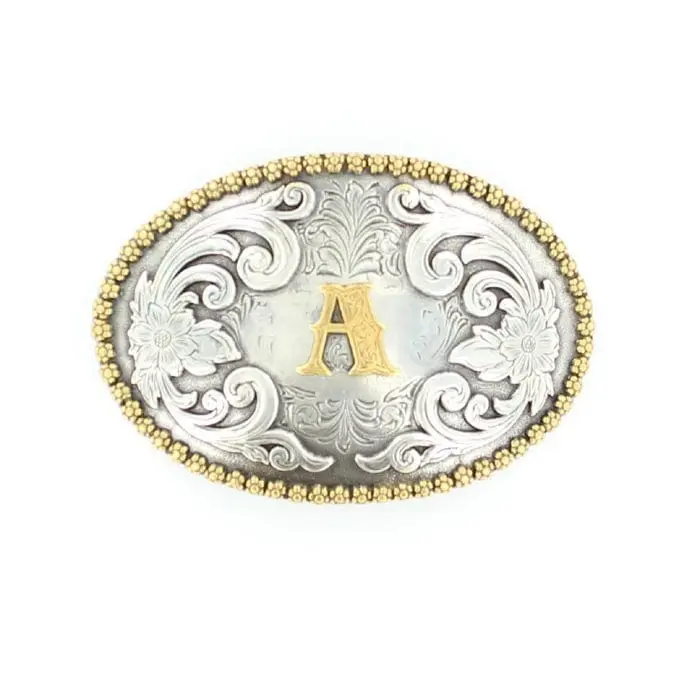 Initial 'A' Oval Western Belt Buckle with Floral Engraved Scrollwork, Antique Silver Finish and Gold-Tone Edging, Personalized Gift, Letter, 2-3/4” X 4”, 2.75 In, Engraved Flowers, 37072-A, Swivel Back, Metal, Most Belts, Standard Swivel Back
