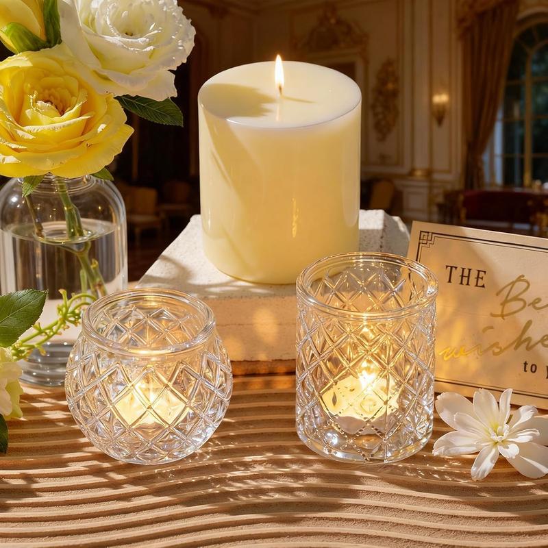 A 24-Piece Set of Transparent/ Blue/ Amber/ Green Glass Candle Holders, include: 12 Round Cups and 12 Textured Cups, Suitable for Weddings, Parties, and Home Decoration