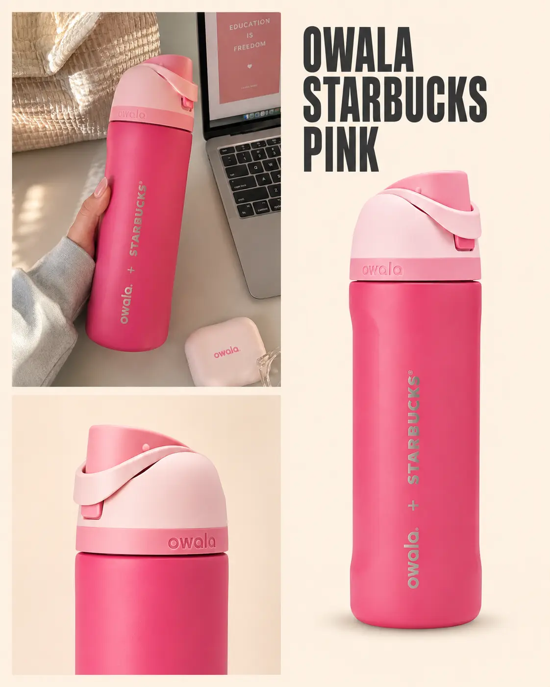 Owala Starbucks Pink Bottle 24oz | Premium Insulated Water Bottle, Pastel Pink Water Bottle, Your Everyday Pink Water Bottle, Fall in Love with Pink