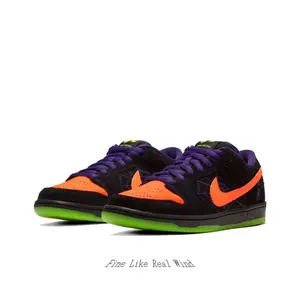 Black Suede Low-Top Sneakers with Halloween-Inspired Orange, Purple & Green Accents, Retro Skate Shoes with Glowing Sole, Streetwear Footwear for Night Vibe