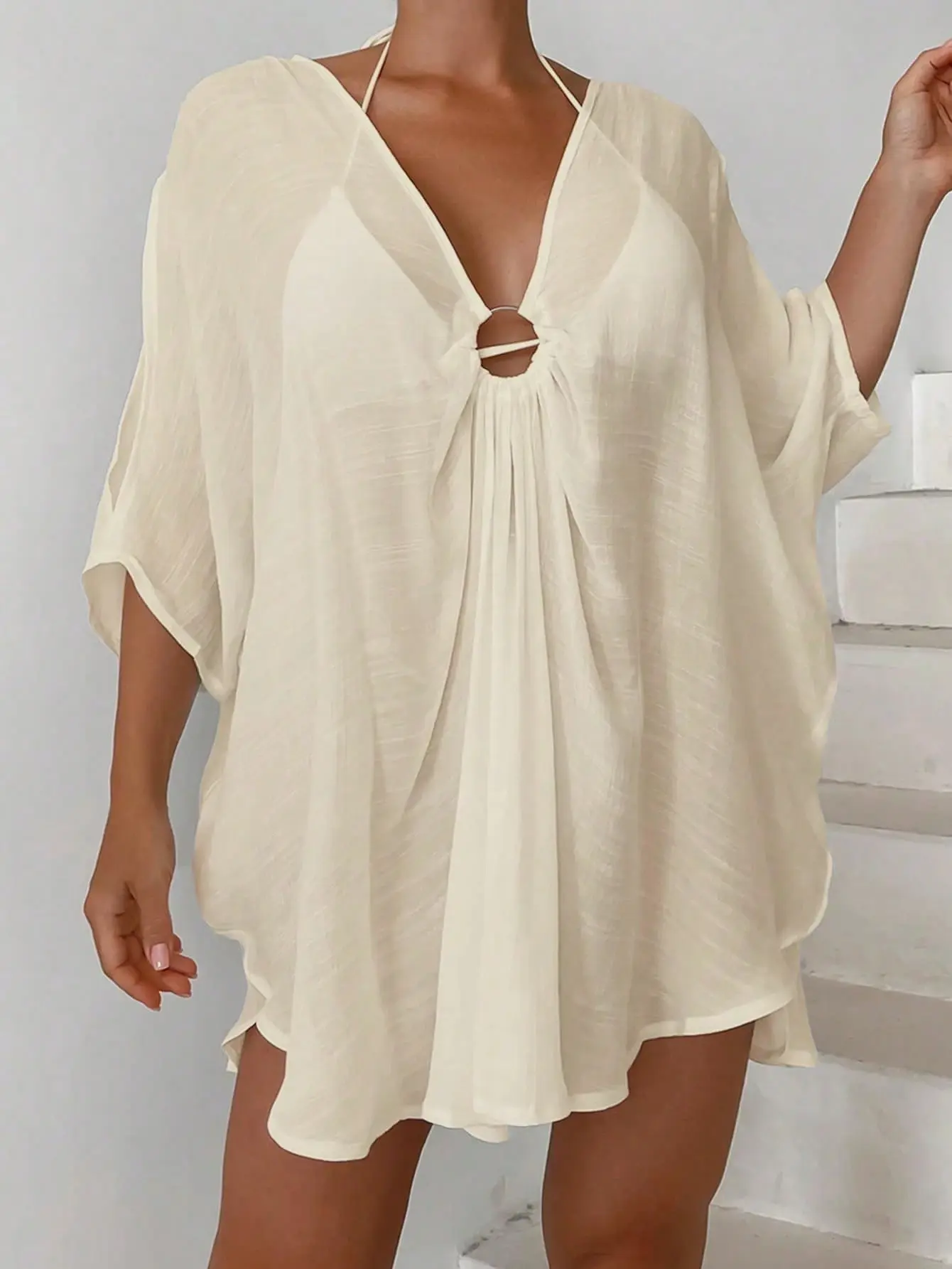 Summer Front Round-Ring V-Neck Loose One-Size Beach Cover-Up with Batwing Sleeves Irregular Solid Color Design for Sun Protection and Seaside Outings