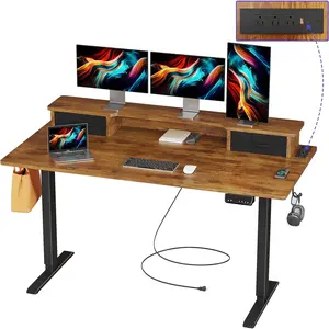 55 Inch Electric Standing Adjustable Height Desk with USB & Type-C Outlet, Home Office Computer Gaming Desk with Display Riser and Double Drawer, Sit Stand Desk, Vintage Oak
