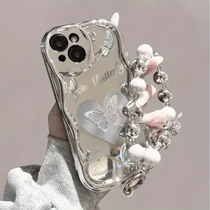 Electroplated Cream Wave Phone Case with Pearl Chain, Full Coverage Anti-drop Shockproof Protective Case, Fashionable Creative Design Compatible with iPhone 11 12 13 14 15 16 Pro Max Pro Plus Series New Phone Case