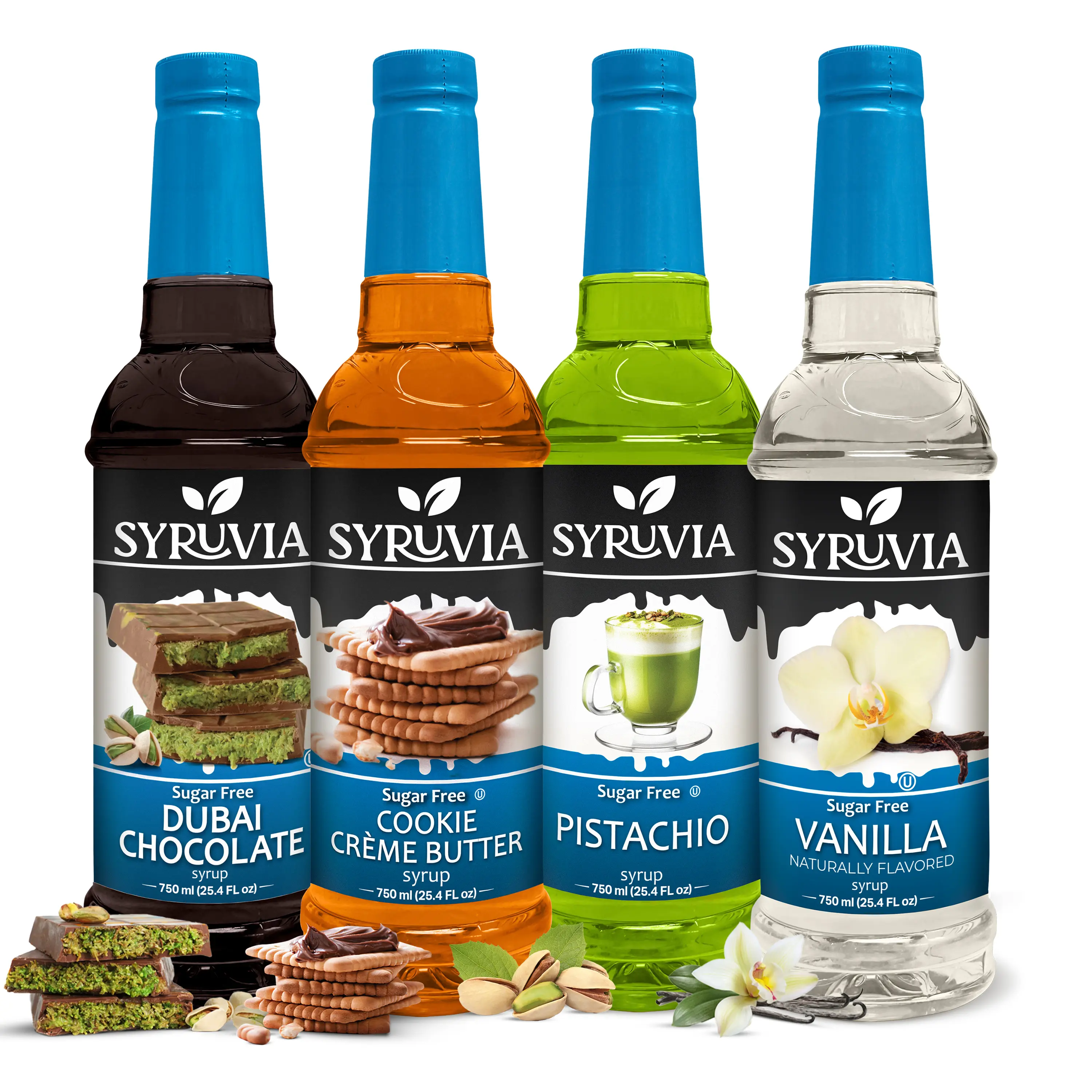 Syruvia Sugar-Free Sweet Coffee Syrup 4-Flavor Pack - 4 x 25.4 fl oz Bottles, Dubai Chocolate, Cookie Butter, Pistachio, Vanilla, Gluten Free, Kosher, Room Temp, Rich Varieties, Ideal for Coffee, Beverages