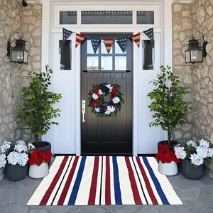 1Pc Independence Day Welcome Mat, Door Mat, Blue White Red Striped Design, Summer Front Porch Decor, Farmhouse Outdoor Entryway Doormat, Holiday Home Decoration