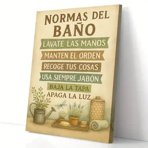 2D Flat 1pc Spanish Bathroom Rules Canvas Wall Art - Rustic Wood Frame with Humorous Hygiene Quotes, Botanical & Nature Motifs, For Home Bathroom Decor, Bathroom Sign, Life Guidance Art, Housewarming Gift, Vintage Aesthetic, Decor, Decorative Sign, Buyers