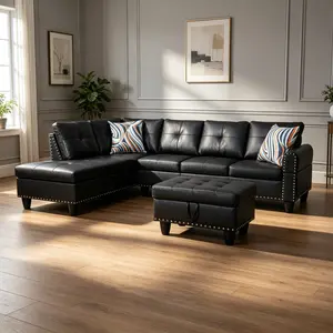 Contemporary Black Faux Leather L-Shaped Couch Combination - High-Grade Synthetic Leather, Timeless All-Match Design, Space-Saving Compact Minimal Sofa Set, Living Room Decor Furniture for Indoor Living Spaces, L Shape Couch