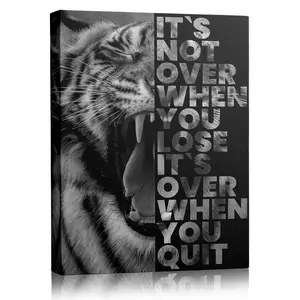 Motivational Tiger Canvas Wall Art It's Not Over When You Lose It's Over When You Quit Quote Poster, Inspirational Black and White Animal Print for Home Office Gym Decor
