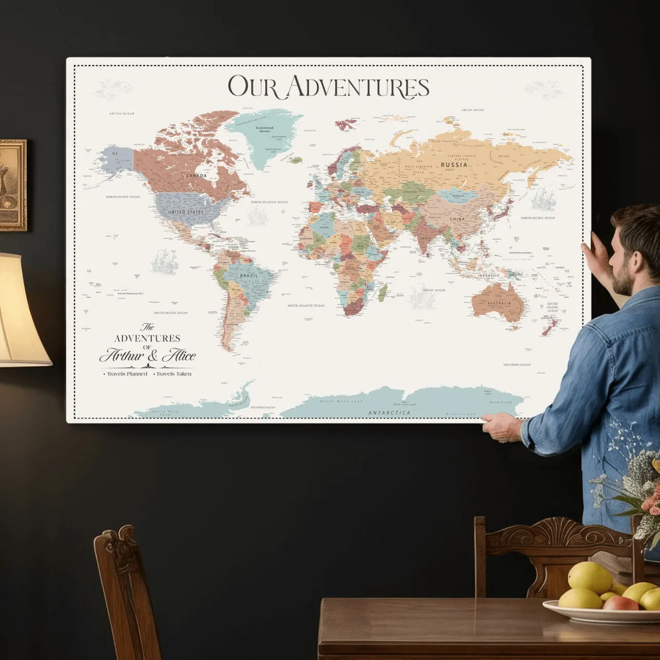 Personalized Push Pin World Map Canvas – Custom Framed