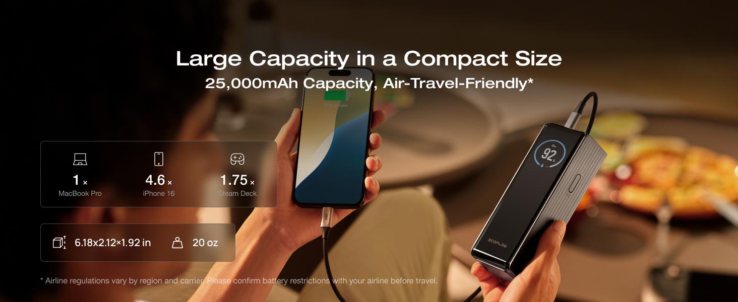 EF ECOFLOW Rapid Power Bank 25,000mAh, 170W Portable Charger with Dual 140W USB-C Ports for Multi-Device Charging, Smart TFT Screen, Compatible with iPhone Series, Samsung, Laptop and More