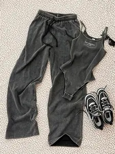 Teenage Girl Fashion American Vintage Washed Strap Wide Leg Pants, Kids Casual Cool Influencer Set, Two-Piece Leisure Long Pants Set