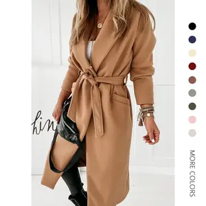 Danedvi Women's Classic Lapel Collar Open-Front Belted Long Coat Womenswear Outerwear