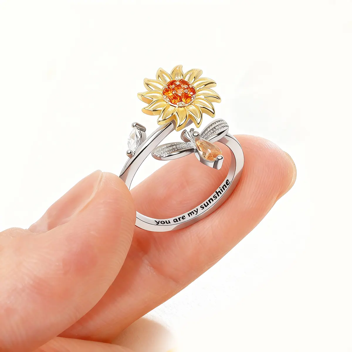 Cubic Zirconia Gold Sunflower Spinner Worry Ring - Open Adjustable Fidget Ring with "You Are My Sunshine" Engraving, Calming Anxiety Relief, Message Card, Valentine's Day Gift for Granddaughter, Fidget Rings