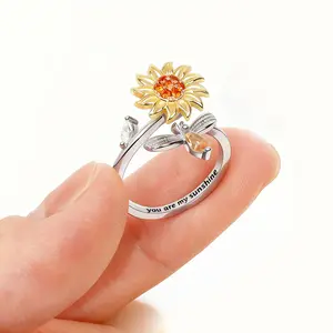 Spinner Worry Rings, Sunflower Fidget Ring for Women Gold Anxiety Crystal Cubic Zirconia Open Adjustable Men Trendy Jewelry – “You Are My Sunshine” Engraved Finger Spinner Gift for Granddaughter, Valentine's Day Gift