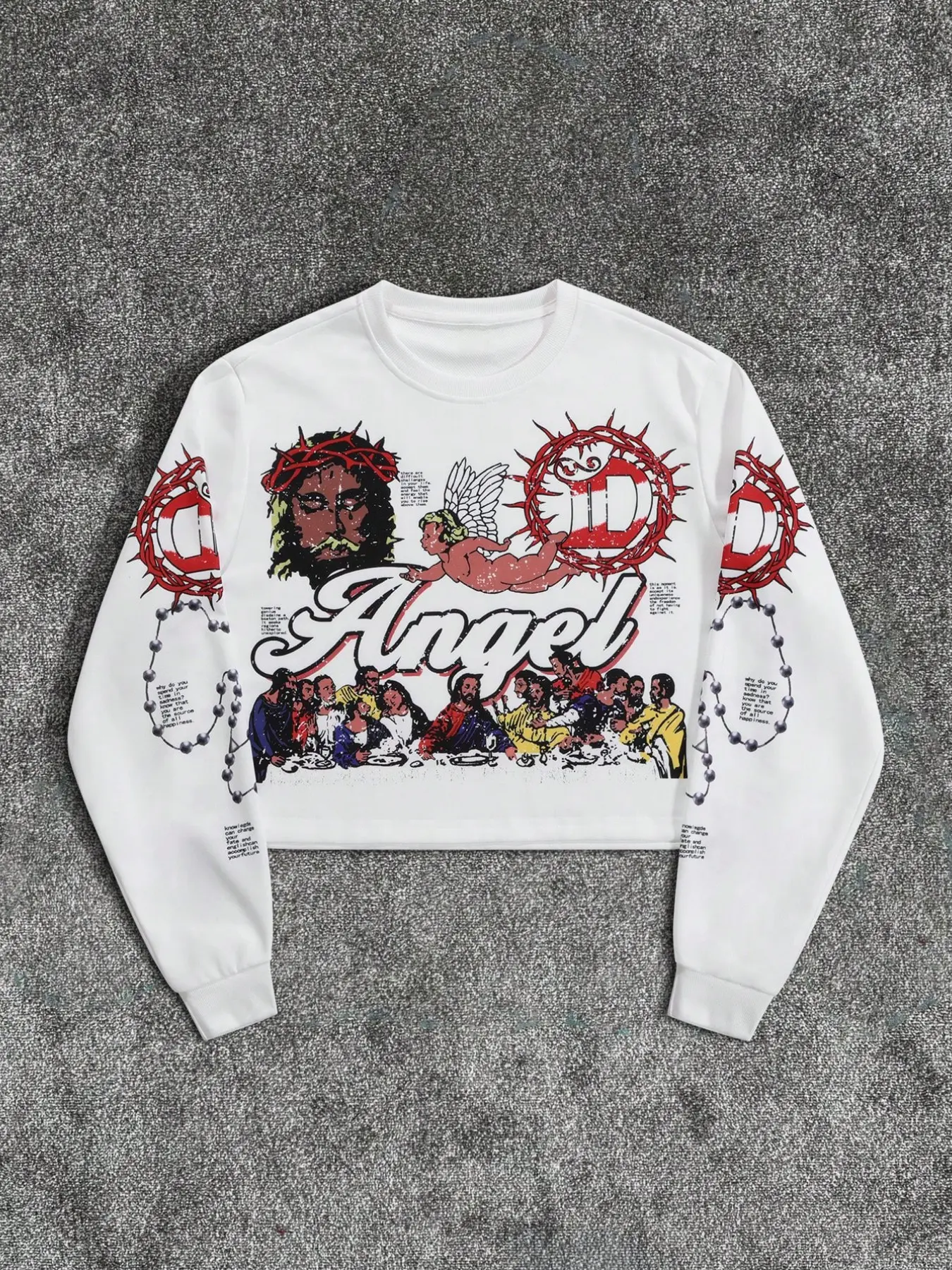 1pc Men's White Graphic Casual Loose Oversized Sweatshirt Angel & Last Supper Print Vintage Religious Art Long Sleeve Pullover Heavyweight Retro Streetwear Fashion Top Menswear