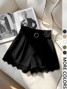 Valentine's Day Women's Elegant Chic Summer Shorts with Belt, Fitted Solid Color Shorts with Contrast Lace Trim, Fashion Versatile Style, Womenswear