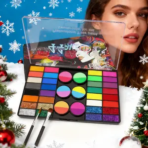 Christmas 44 Color Water Soluble Face Paint Palette with Brushes, Vibrant Colors, Easy to Clean, DIY Makeup, Party, Halloween, School Activities