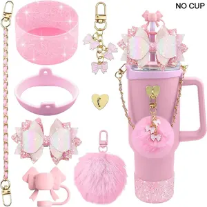 Silicone Tumbler Cup Accessories, 8 Counts/set Including Silicone Bow Straw Topper Cover, Drinkware Lid & Protective Silicone Boot & Decorative Accessories, Drinkaware for Indoor & Outdoor, Drink Protectors