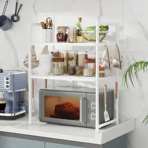 Multi-Functional Kitchen Countertop Storage Rack, Microwave Heightened Organizer, Thick Plastic Shelf for Spices & Dishes, Dual-Layer Design, Convenient Hooks