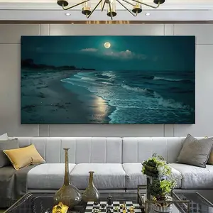 1 piece framed canvas painting - [Coast Charm] Moonlight Beach Canvas Art - Modern Coast Wall Decoration, Quiet Night Sea View, Full Moon and Quiet Waves, Beach Theme Decoration, suitable for living room, bedroom, office decoration