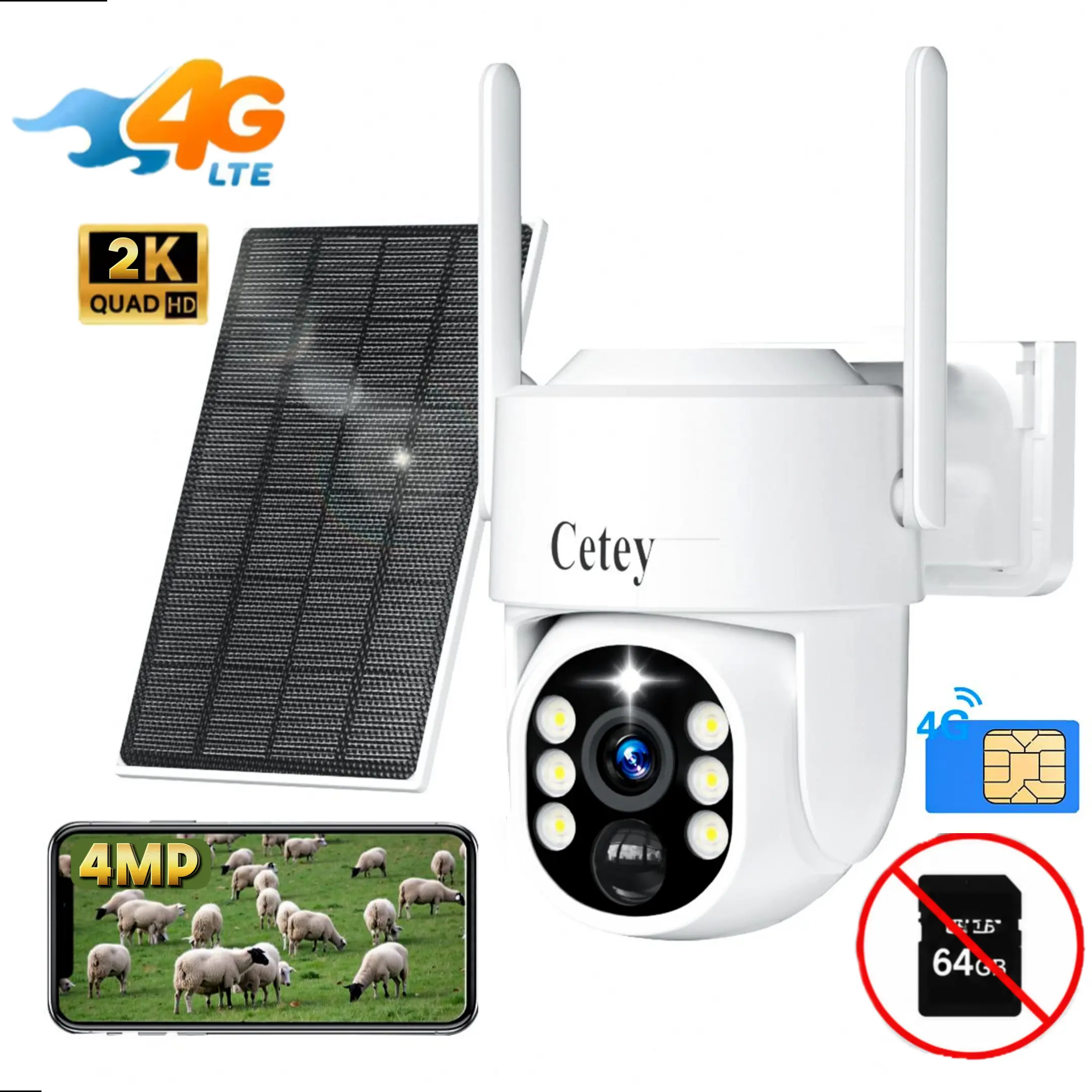 No WiFi 4G LTE Solar Security Camera - 2K HD, 360° View, Motion Detection, Night Vision, IP66 Waterproof, Remote App Control, SIM Card Included, 24/7 Monitoring