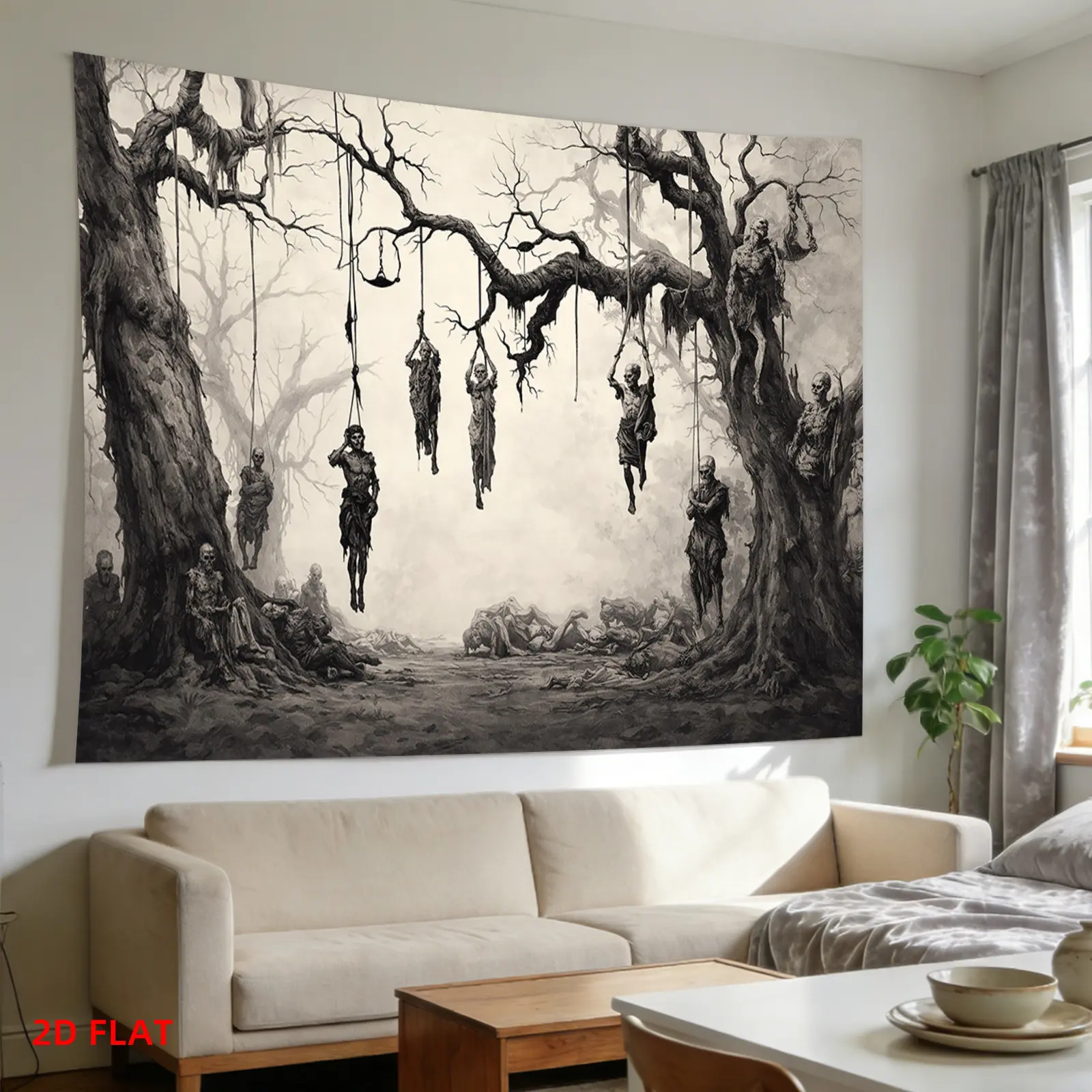 Gothic Occult Dark Theme Tapestry - 2D Flat Grim Forest Design with Hanging Skeletons, Polyester Wall Decor for Horror Lovers’ Living Room or Office, Non-Glow-in-the-Dark, Home Inspo, Party Decor