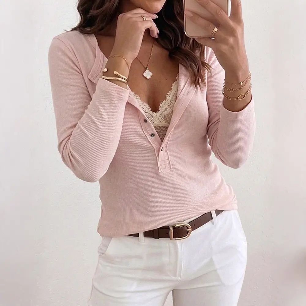 CHICME Women's Ribbed Henley Long Sleeve Top Slim Fit Base Layer Tee