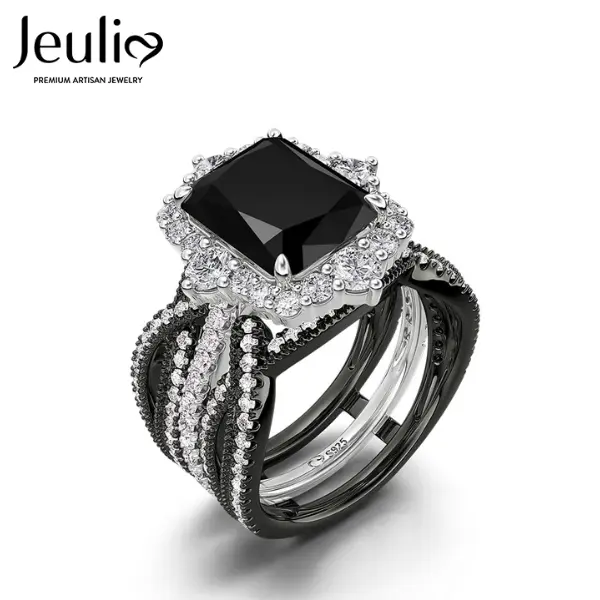 Jeulia 925 Sterling Silver Wedding Engagement Ring Set for Women, 5.2 Carat Radiant Cut Halo Ring with Interchangeable Twisted Pavé Band, Elegant Bridal Jewelry Gift for Her