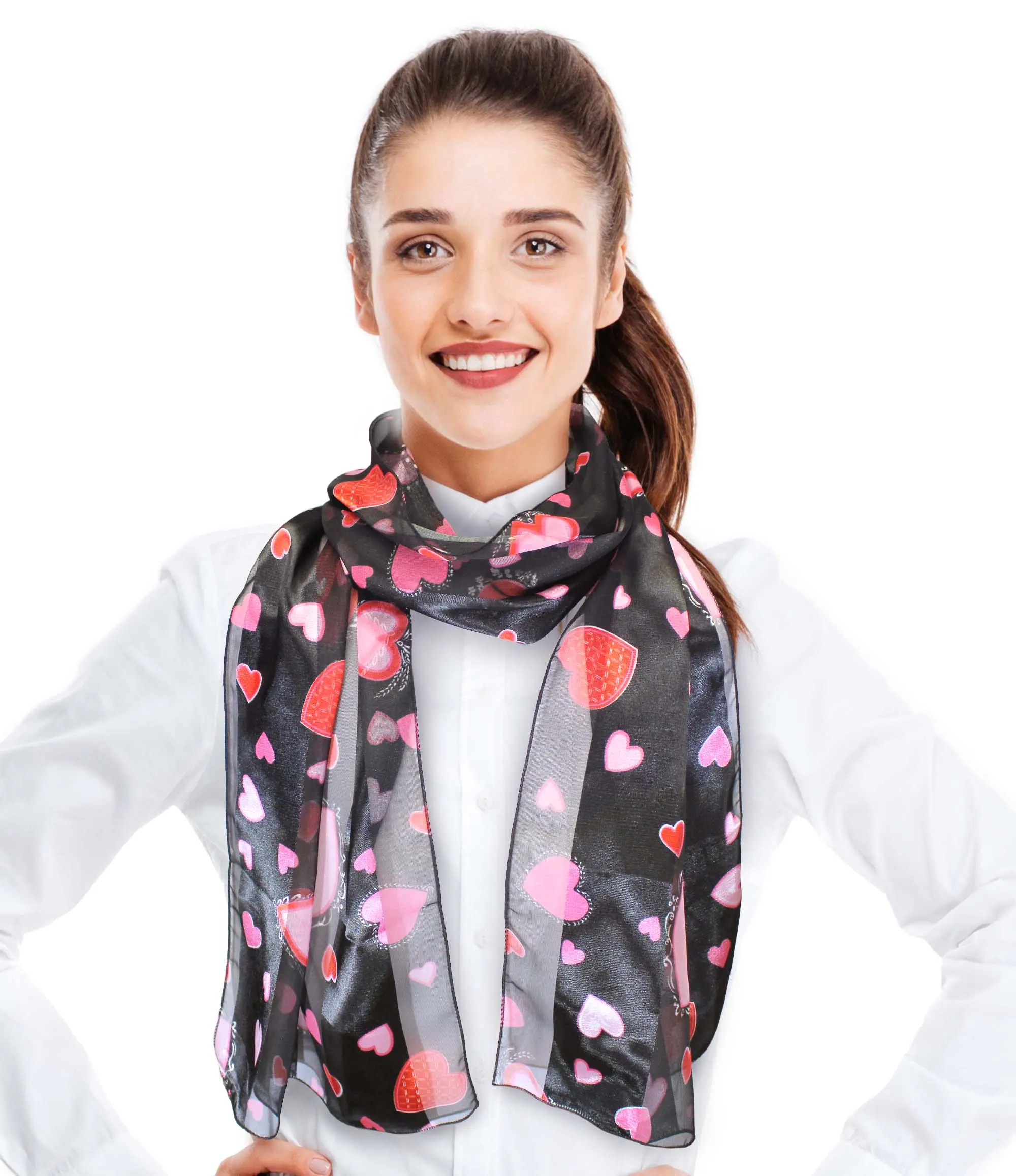 CBC Crown Women's Lightweight Valentine Theme Heart Print Silk-Feel Polyester Scarf, 13"x60" Female Daily All-Seasons Casual Accessory, Silky Smooth, Hand Wash, Everyday Accessory, 13" X 60", Long