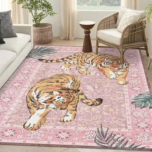 Soft Non-Shedding Living Room Carpet, Tiger Plant Floral Pattern, Anti-Slip Rug, Universal Size for Living Room Bedroom Entrance, Animal Printed Rug
