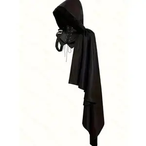 Medieval King & Knight Battle Cloak - Regal Black Polyester Cape with Hood, Lace-Up Detail, and Asymmetric Hem, Perfect for Cosplay, Halloween, or Costume Parties