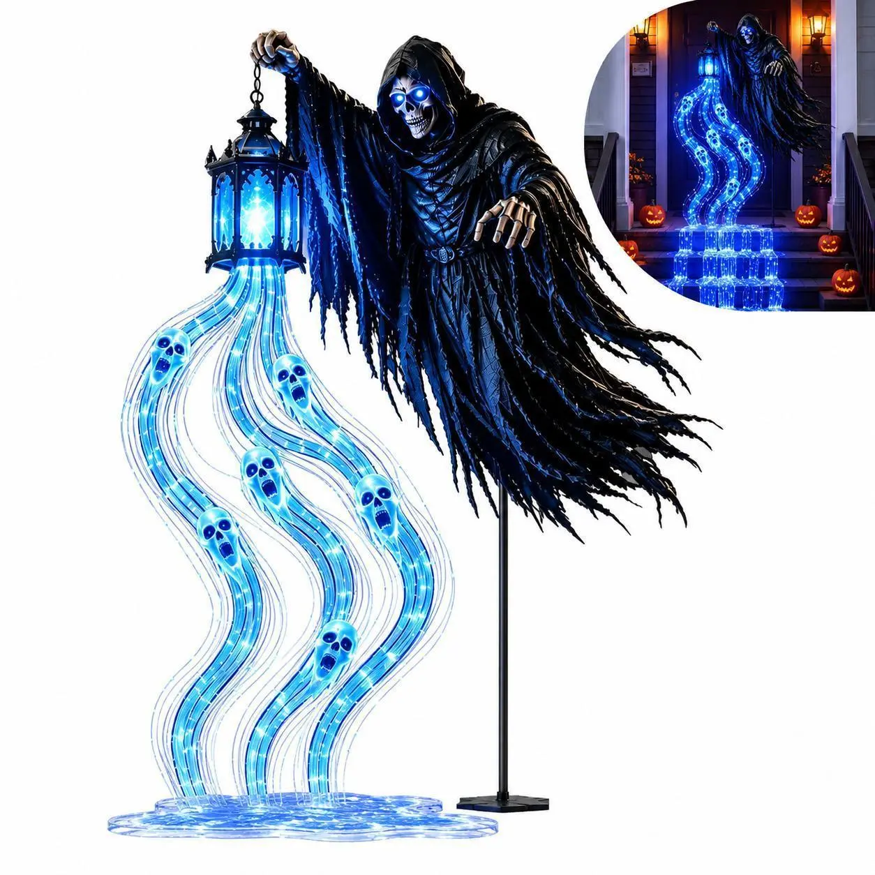 Halloween Skull Waterfall Lights, Blue LED Spirit Lights for Outdoor Yard Decor, Haunted House and Front Porch