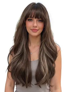 24 Inch Long Curly Wave Wig with Bangs, Synthetic Fiber, Natural Look, Easy to Manage, Suitable for All Ages, Daily Wear