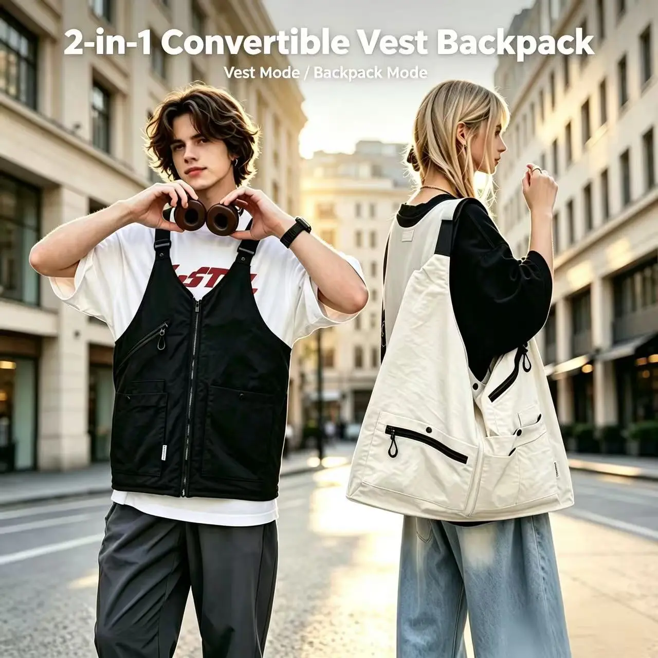 2-in-1 Convertible Utility Vest Backpack for Men Women, Water Resistant Multi Pocket Fishing Photography Vest, Large Capacity Crossbody Tote Bag, Adjustable Strap Outdoor Camping Travel Daily Commute Bag