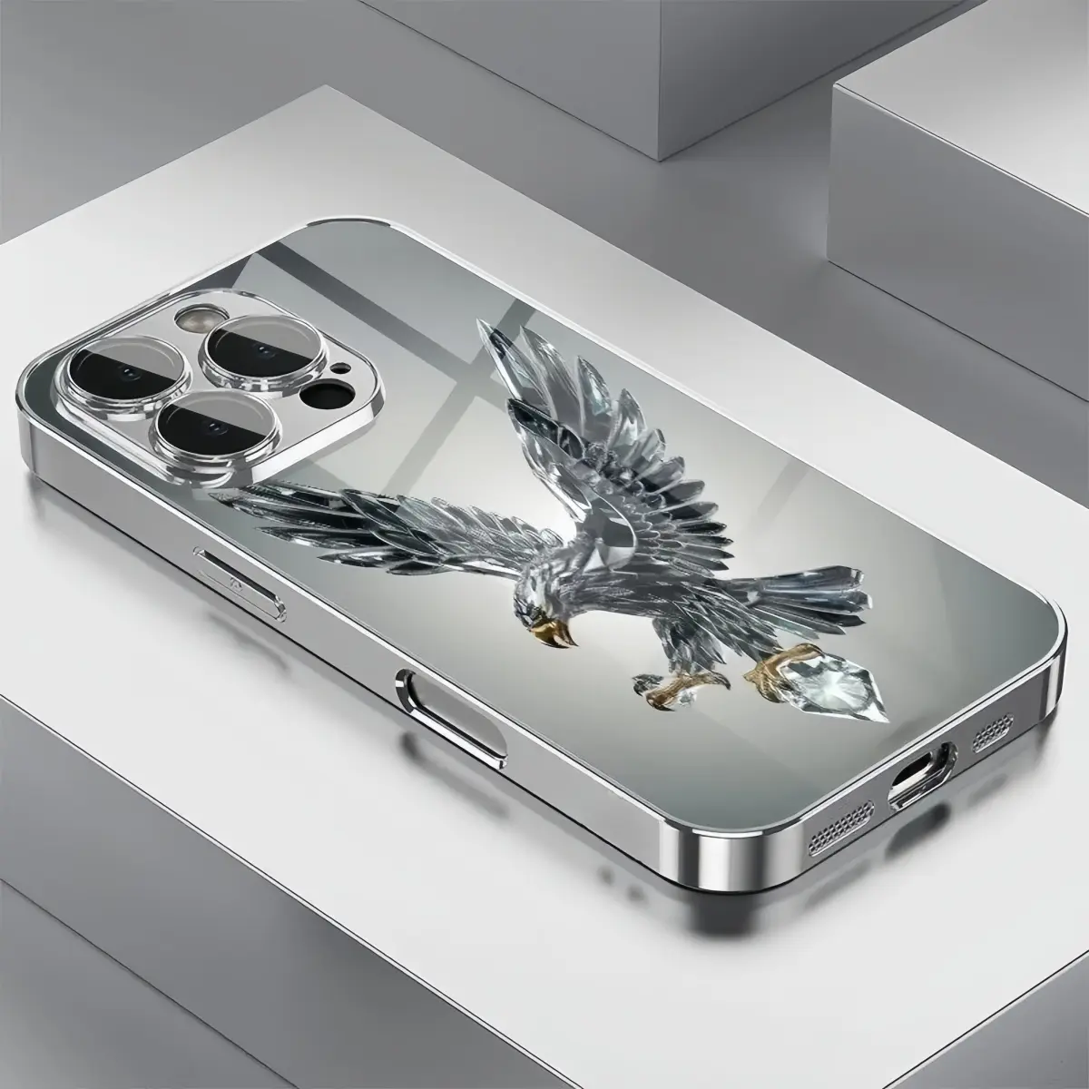 Luxury Crystal Eagle Pattern Plated Glass Phone Case with Lens Protection, Shockproof Protective Cover for iPhone 17/16/15/14/13/12/11 Pro Max/Plus & Samsung S22/S23/S24/S25 Ultra/Plus