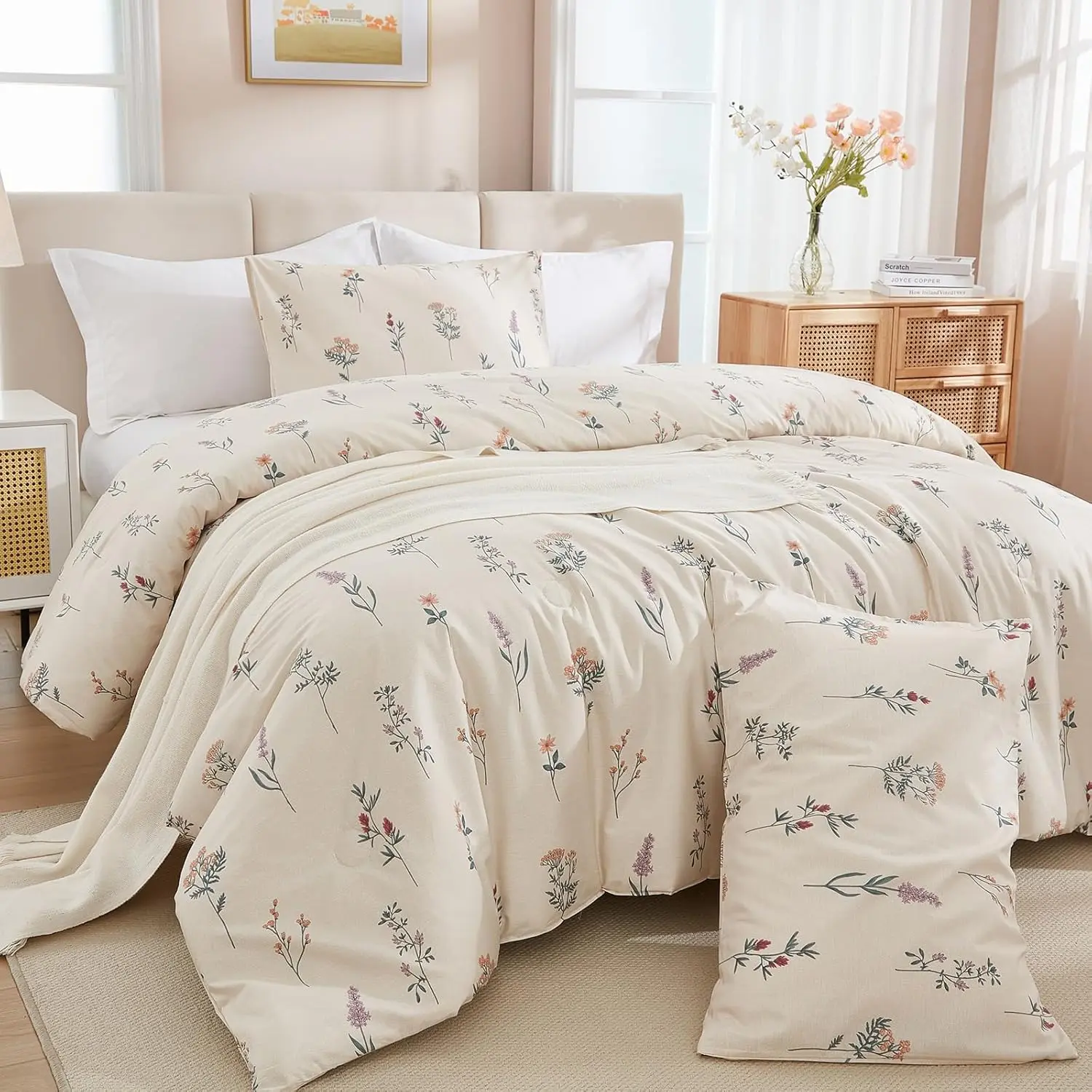 Cream Duvet Cover Twin Size 100% Washed Linen Like Textured Comforter Cover 2 and Floral Duvet Cover with Closure