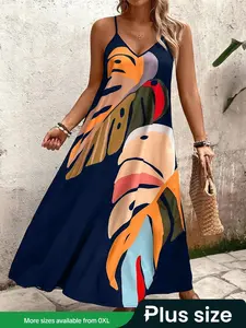 【Plus Size】Plants Print Cami Dress, Casual Comfy Sleeveless Long Dress for Summer, Casual Trendy Boho Chic Dress Women's Plus Spaghetti Strap Clothing for Daily Wear