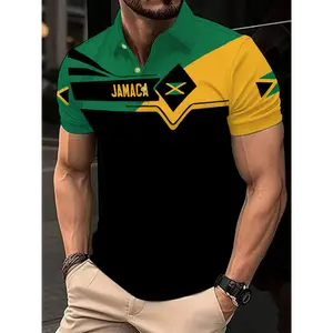 Men'S Casual Short Sleeve Shirt with Jamaican Flag Print - Breathable H-Fit Spring/Summer Outdoor Sportswear, Machine Washable Green & Yellow Stripes Design, Summer Fashion, Bold Pattern Design, Comfortable Fit, Durable Fabric, Spring Outfi