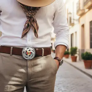 NEW Modern Round Spinner Belt Buckle With Spain Flag Silver Disc 4" x 3" Fits 1.5" Belts Metal Fashion Accessory