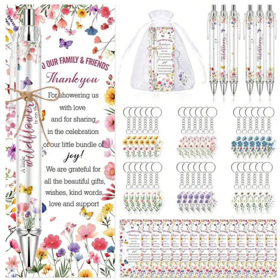 97Pcs Opening Ceremony Favors For Guest Wild Animal,Blue Bear,Butterfly Ballpoint Pens Retractable Keychains Greeting Bookmarks Organza Bags Gender Reveal Party Souvenirs Prizes Baby Shower To School Gifts Students Teacher Keychain Set Event Supply Charm