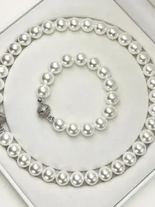 Women's Simple Pearl Necklace Bracelet Set, French Classic Style, Elegant Design, Perfect Birthday Gift, 12mm Pearls
