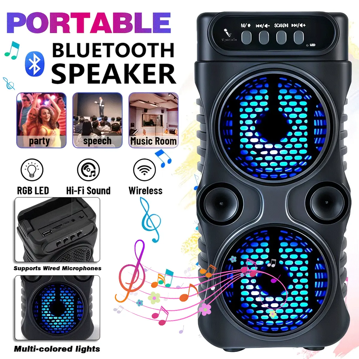 Portable wireless Bluetooth speaker with RGB lighting; lightweight subwoofer with a carrying handle; supports BT/TWS/FM/USB/TF/mic; perfect for home parties, outdoor camping, gatherings, and indoor music; an ideal gift for holidays Karaoke Machine