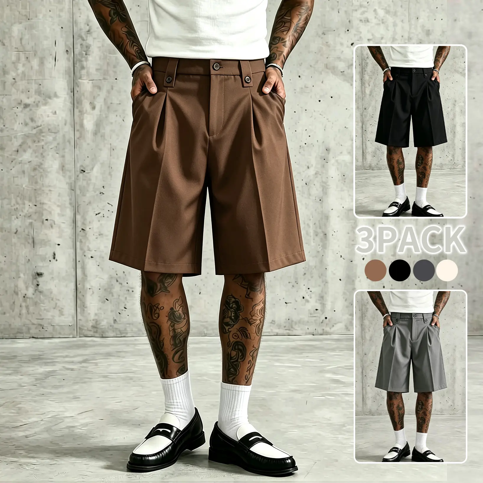 3PCS Men’s loose mid-length wide-leg suit shorts — versatile summer bottoms that pair well with loafers and sneakers; suitable for daily commuting, mall shopping, and short trips, creating a simple gentleman style. everyday lounging men's