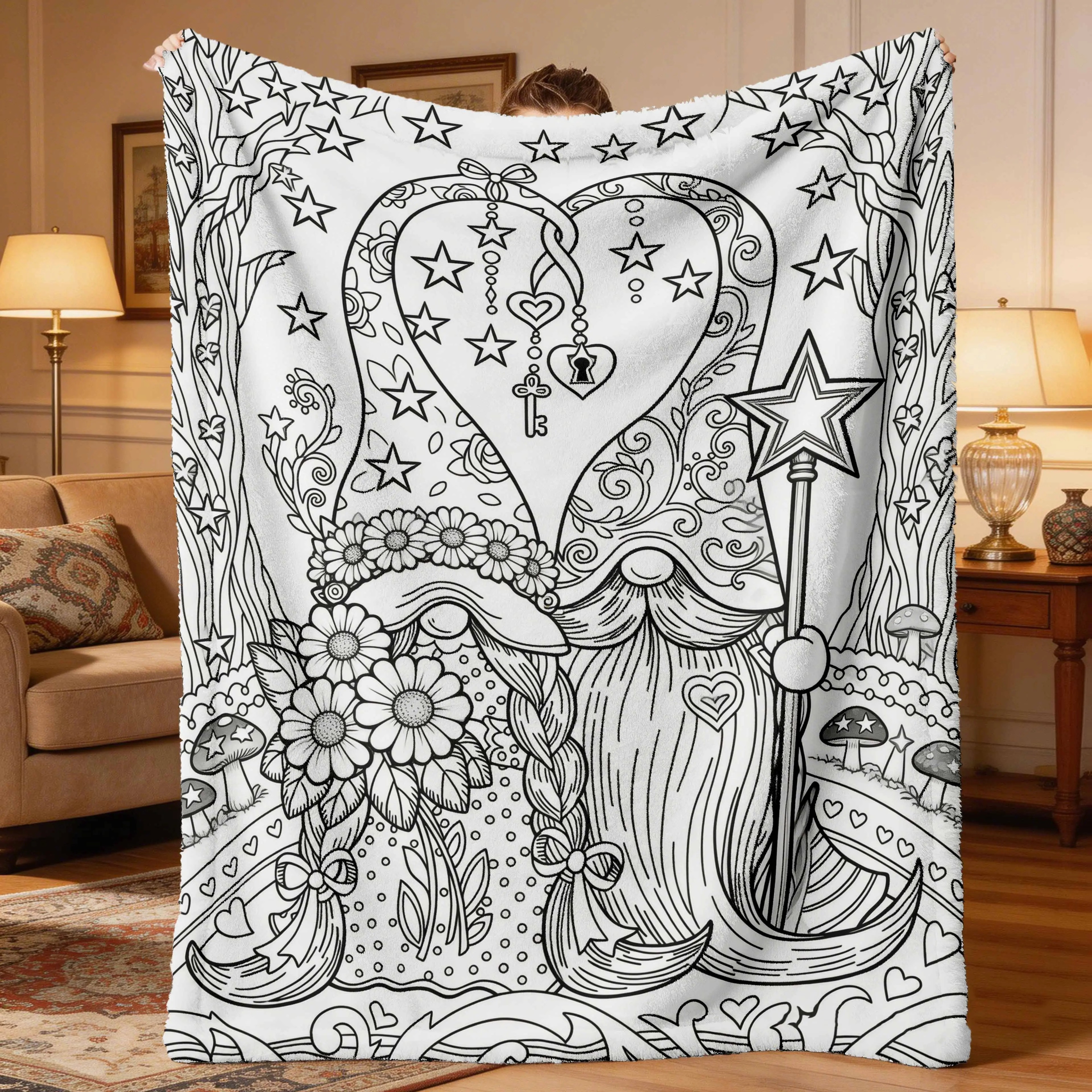 Vintage Hand-Drawn Dwarf Coloring Book Soft Flannel Blanket, Decorative Giftable Heartwarming Flannel Fabric Blanket for Family, Fade-Resistant Multi-Purpose Nap & Sofa Use, Decorative Giftable Blankets, Heartwarming Blanket Gift
