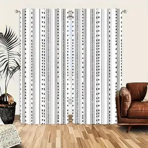 2 pieces of minimalist Nordic style peach light beige curtains with black and white geometric triangle prints, perfect for decorating bedrooms, study rooms, and living rooms - machine washable polyester semi transparent four season pole bag decoration