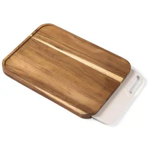 Premium Acacia Cutting Board with Nesting Rice Fiber Chopping Board for Cooking Prep, 2 Piece Kitchen Set, Non-Slip Feet with Juice Groove, Heavy Duty, Pre Oiled, 17” x 12.5” Knives Sturdy