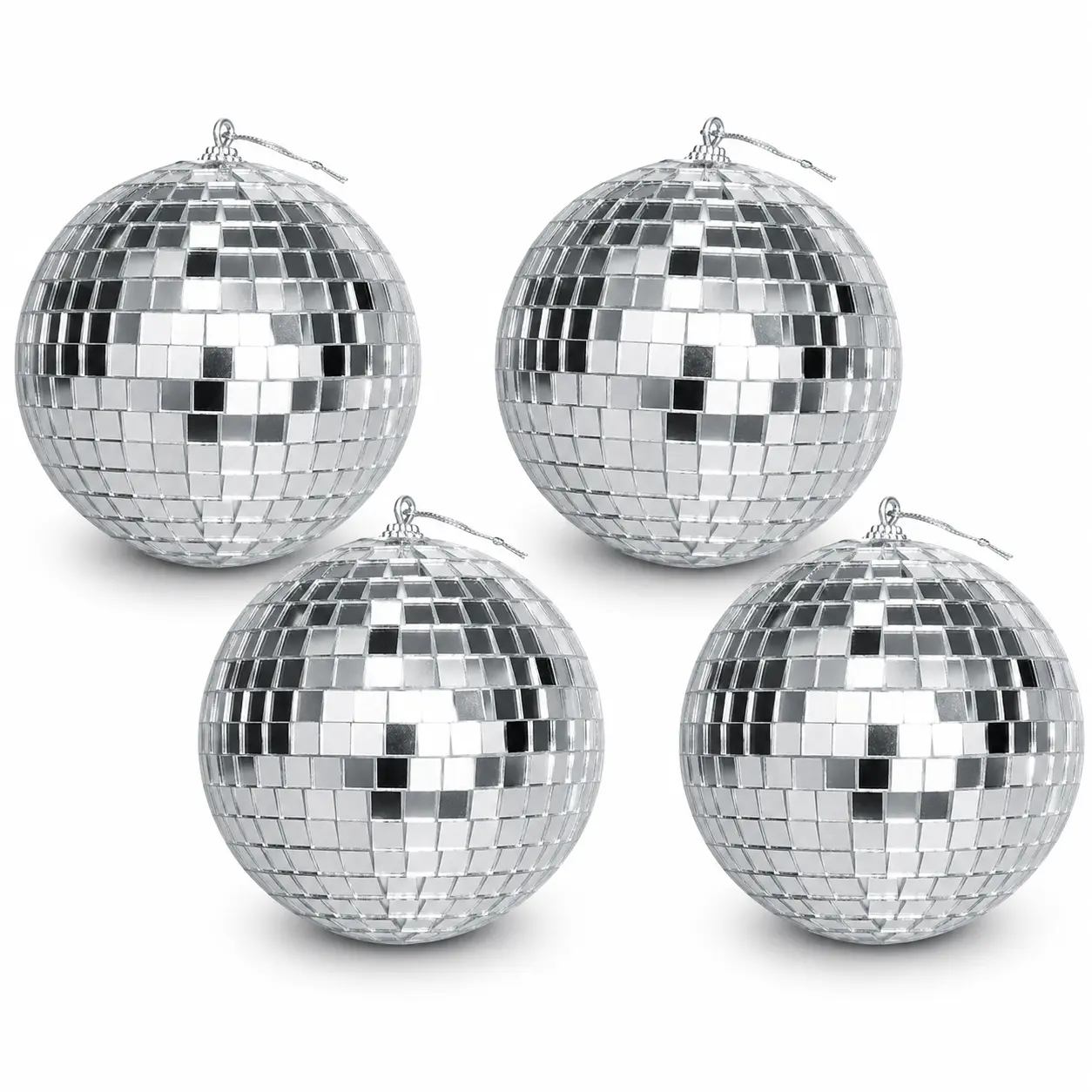 Silver Hanging Disco Balls 4-Pack, 5in Round Decorative Orbs with Retro Shine & Disco Vibe, Mirror Tiles Party Decorations for Room & Holiday Displays, Light Reflector, Round Balls
