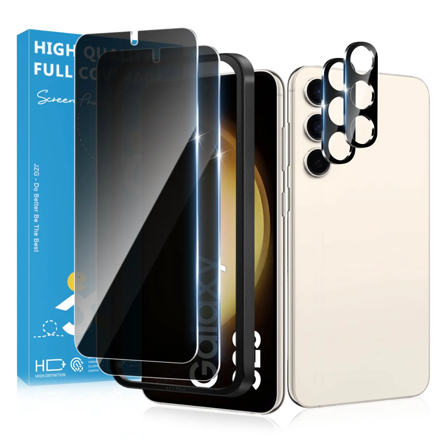 JavoYion 2-Pack 9H Tempered Glass Privacy Screen Protector + 2-Pack Protective Camera Lens Cover for Samsung Galaxy S23 Plus, Smartphone/Cellphone/Handheld Device Compatible, Fingerprint Support, Anti-Spy