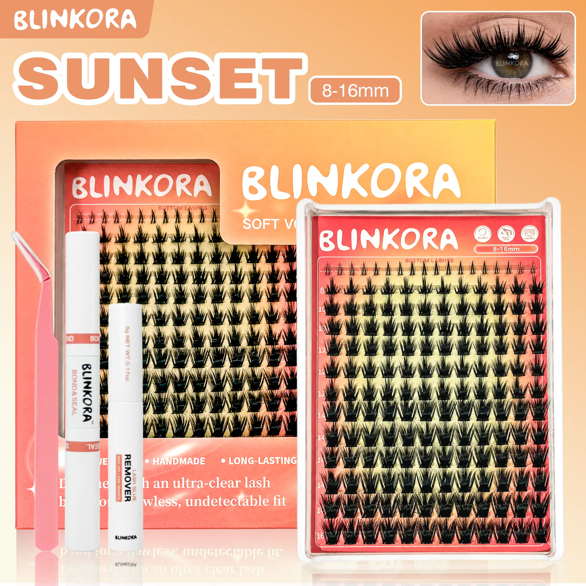 Blinkora California Sunset DIY Eyelash Extension Kit with Soft Wispy Lash Clusters for DIY Volume, Waterproof Spiky Lashes, 8-16mm, Includes Glue, Remover & Applicator, Eyelashes Extensions