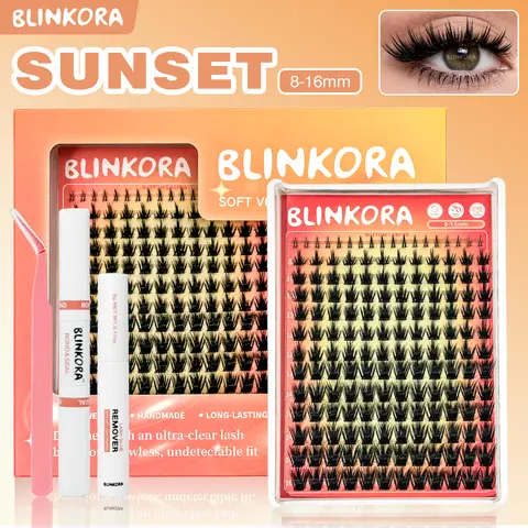 Blinkora California Sunset Cosmetic DIY Lash Kit - Manga Lashes, 8-16mm Soft Wispy Spiky Clusters with Built-in Spikes, Waterproof Glue, Remover, Applicator for Home DIY Volume & Eyelash Extension Looks